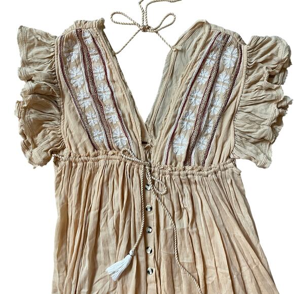 Free People M Midi Dress | Boho Embroidered Gauze, Ruffle Sleeves, Tassel Tie - Picture 4 of 7